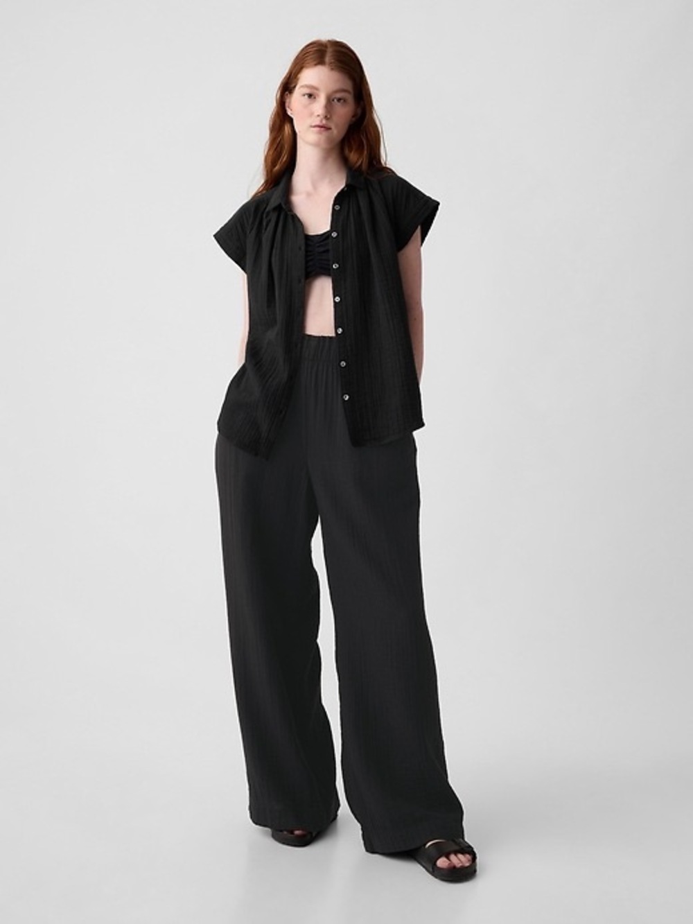 Gap Mid-Rise Crinkle Gauze Wide Leg Pants
